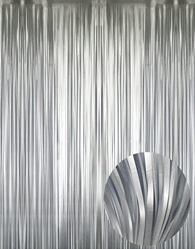 GOER 3.2 ft x 8.2 ft Metallic Tinsel Foil Fringe Curtains Party Photo Backdrop Party Streamers for Birthday,Graduation,New Year Eve Decorations Wedding Decor (1 Pack,Matte Silver,Thick Material) - color: Matte Silver, size: 1 Pack