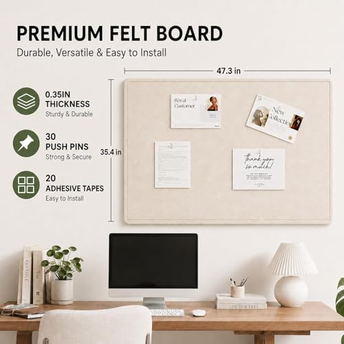 Felt Bulletin Board for Wall 48" x 36" Unfolded Size, Large Frameless Felt Pin Board, Soft Cork Board Alternative for Office, Home Planning, Notes, Photos & Wall Decor, Foldable Shipping, Easy Install - color: Beige, size: 48" x 36"