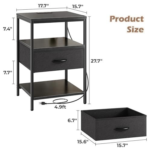 SUPERJARE Night Stand with Charger Station, 27.7 Inch Tall Nightstand with Adjustable Fabric Drawer, Bed Side Table, Fabric Drawer Dresser for Bedroom, Living Room, Black - color: Black, size: L (15.7"D x 17.7"W x 27.7"H)