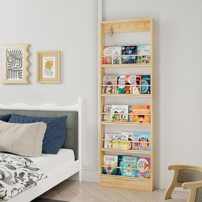 Wooden Wall Mounted Bookshelf, 5 Tier Storage Shelf with Anti Tip Device, Space Saving Organizer with Built in Hooks and Raised Edges for Living Room Bedroom Home Office