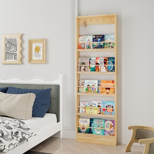 Wooden Wall Mounted Bookshelf, 5 Tier Storage Shelf with Anti Tip Device, Space Saving Organizer with Built in Hooks and Raised Edges for Living Room Bedroom Home Office
