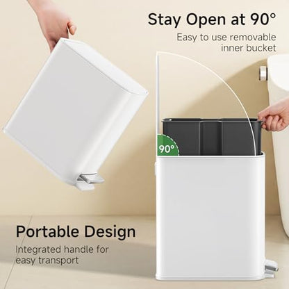 TIPGO Small Bathroom Trash Can with Lid Soft Close, Step Pedal, 1.3 Gallon / 5 Liter Stainless Steel Slim Garbage Can for Office, Diaper Waste Basket with Removable Inner Bucket (White) - color: White