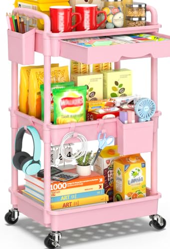 SUNALLY 3 Tier Rolling Cart with Drawer, Bathroom Storage Organizer with 2 Lockable Wheels, Multifunctional Rolling Storage Cart for Bathroom, Kitchen, Office, Craft, Makeup, Baby Essentials, Pink - color: Pink, size: 3 Tier