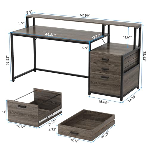 Tribesigns 63 Inch Computer Desk with File Drawer Cabinet, Ergonomic Office Desk with Monitor Stand, Industrial Computer Table with Printer Space, Wood PC Table Workstation Desk for Home Office - color: Grey