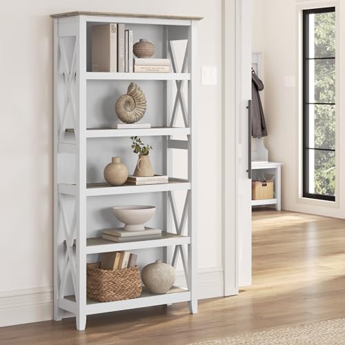 Bush Home Tall 5 Shelf Bookcase for Living Room or Home Office, Large Bookshelf, Modern Farmhouse Style, Key West Collection, Pure White and Shiplap Gray - color: Pure White and Shiplap Gray, size: 5 Shelf