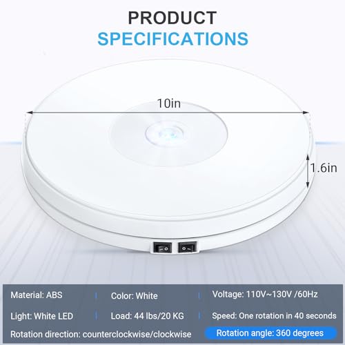 Tuanse 10 Inch Electric Motorized Rotating Turntable Cup Display Stand with LED, 44 lb Centric Loading for Table, 360 Degree Product Display Stand for Shop Jewelry Photography Video(White) - color: White