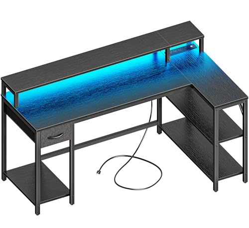 SUPERJARE 53 inch L Shaped Gaming Desk with LED Lights & Power Outlets, Reversible Computer Desk with Shelves & Monitor Stand, Corner Desk with Drawer, for Home & Office, Black - color: Black, size: 53 inch