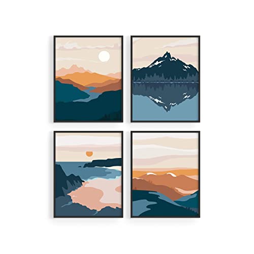 HAUS AND HUES Nature Wall Art Prints - Set of 4 Mountain Landscape Decor, Mid-Century Modern Art, Abstract Nature Wall Art | Black Framed 11x14 - color: Mid-century Mountain Landscape, size: 11x14, style: Black Framed
