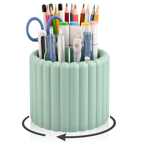 Anyoifax 360° Rotating Pen Holder 7 Slots Desk Organizer Removable Pencil Cup Plastic Art Supplies and Accessories Desktop Storage Box Caddy for Office, School, Home (Green) - color: Green, size: Small