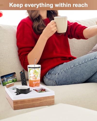 Couch Cup Holder Tray, Silicone Acacia Wooden Couch Caddy with Cup Holder for Snacks, Drinks, Remotes, Waterproof Cup Holder for Couch, Organizer, Couch Drink Holder, Pillow - color: A-white