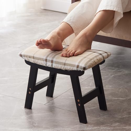 Kitsanery Foot Stool,Ottoman,Bamboo Small Sofa Foot Rest Under Desk,Extra Seating for Living Room, Bedroom and Kitchen (Black Stool Legs - Stripes Surface) - color: Black Stool Legs - Stripes Surface