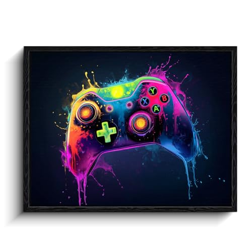 Gaming Controller Wall Art, neon paint splash, modern wall decor, laminated paper framed canvas print, gaming poster artwork, for game room gamer gift, 15x12 inch - color: Neon Drip Joystick