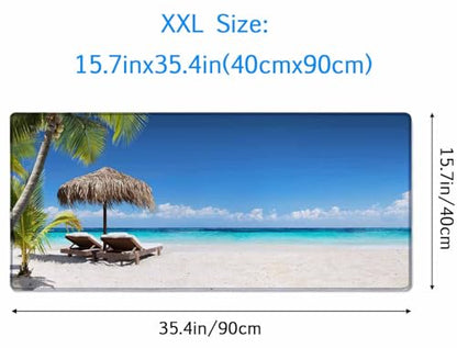 Gaming Mouse Pad, XXL Extended Computer Keyboard Long Mouse Mat, Large Desk Pad for Office Laptop, Non-Slip Rubber Base with Stitched Edge Mousepad, 35.4X15.7 inch Tropical Palm Sea and Beach - color: Tropical Palm Sea and Beach, size: 35.4" x 15.7"