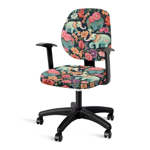 Floral Elephant Office Chair Covers Stretchable Office Chair Seat Cover 2 Piece Washable Gaming Chair Cover Universal Fit Most Wheelchairs,Computer Chairs,Gaming Chairs - color: Floral Elephant