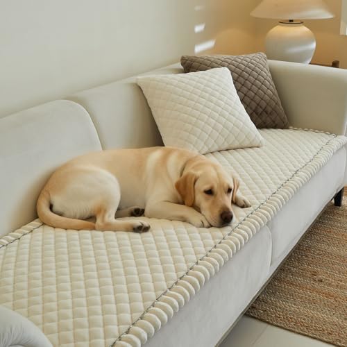 Diamond Quilted Couch Cover for Dogs Non Slip - Large Silicone Particles Pet Friendly Thick Sofa Slipcover for 3 Cushion Couch Washable Furniture Protector Mat for Dogs Cats - color: Dg-white, size: 27.6" x 59"