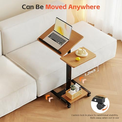 LINGMI Mobile Height Adjustable Laptop Desk with Mouse Pad, Portable Laptop Desk Rolling Tiltable Table with Small Side Table for Couch,Rolling Computer Stand - color: Natural Color