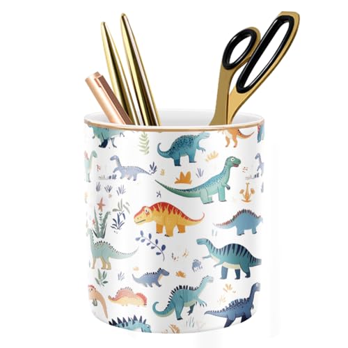 Pen Holder, Pencil Cup for Desk, Cute Makeup Brush Holder, Durable Ceramic Organizer Decor for Room, Office, Classroom, Cute Dinosaur Pattern - color: Cute Dinosaur Pattern