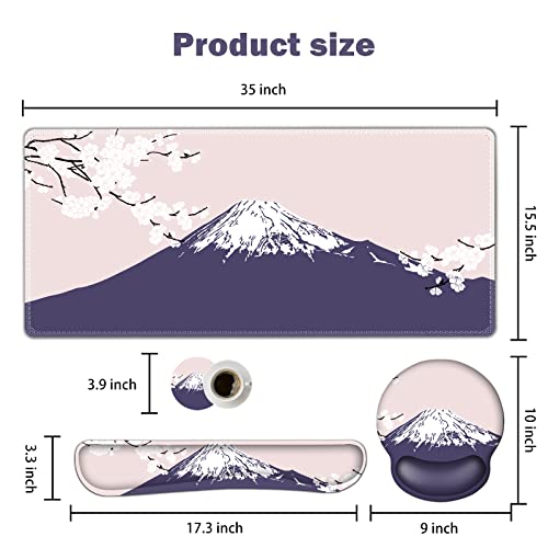 ARTSO Large Mouse Pad Set Ergonomic Keyboard Wrist Rest Support, Memory Foam Gel Wrist Pad, Non-Slip Extended Desk Mat Protector, Pink Sakura Fuji Mountain - color: Pink Sakura Fuji Mountain