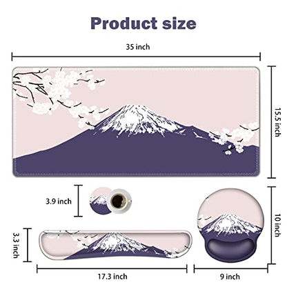 ARTSO Large Mouse Pad Set Ergonomic Keyboard Wrist Rest Support, Memory Foam Gel Wrist Pad, Non-Slip Extended Desk Mat Protector, Pink Sakura Fuji Mountain - color: Pink Sakura Fuji Mountain