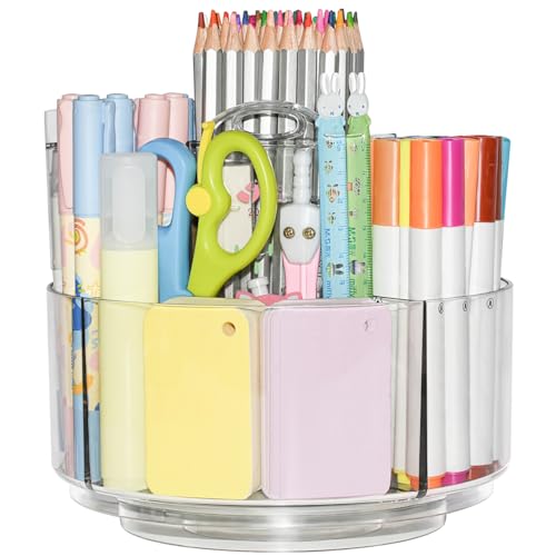 JIKIOU Acrylic Pen Holder, 360-Degree Rotating Pen Holder for Desk, Clear Desk Organizers and Accessories with 5 Compartments Pencil Organizer, Art Supply Storage Box Caddy for Office, Home