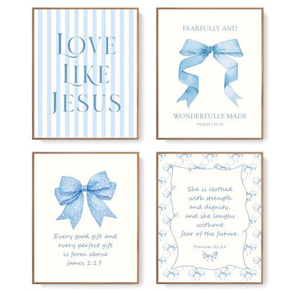 LARTSFRO Coquette Blue Bow Jesus Wall Art Decor Posters, Light Blue Bow Christian Room Bathroom Bedroom Dorm Wall Art Decor Aesthetic for College Teen Girls Gifts, Inspirational Bible Verses Bow Wall Decor, 10x8 Inch Set of 4 Bow Pictures(UNFRAMED) - colo
