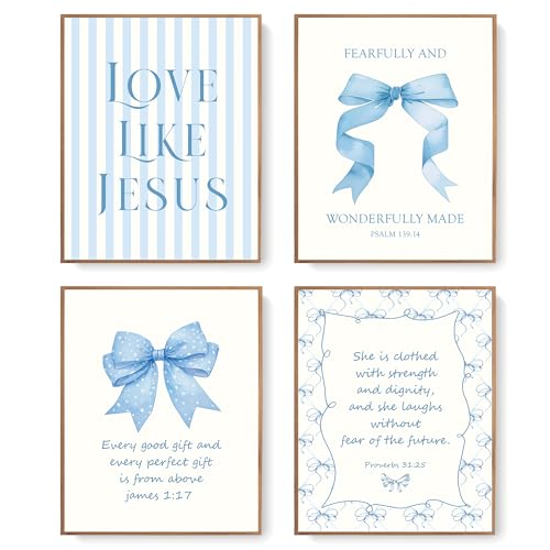 LARTSFRO Coquette Blue Bow Jesus Wall Art Decor Posters, Light Blue Bow Christian Room Bathroom Bedroom Dorm Wall Art Decor Aesthetic for College Teen Girls Gifts, Inspirational Bible Verses Bow Wall Decor, 10x8 Inch Set of 4 Bow Pictures(UNFRAMED) - colo