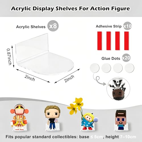 Small Acrylic Display Shelves for Funko Pop– 2" Clear Floating Wall Shelf,Ideal for Action & Vinyl Figures, Bedroom Living Room Office Decor (8 Pack) - style: Adhesive-8PC