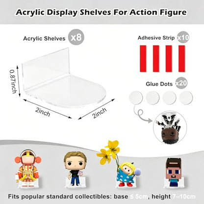 Small Acrylic Display Shelves for Funko Pop– 2" Clear Floating Wall Shelf,Ideal for Action & Vinyl Figures, Bedroom Living Room Office Decor (8 Pack) - style: Adhesive-8PC