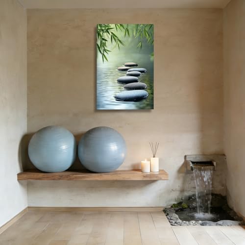 DONGLEHUA Zen Stones Bathroom Wall Art Zen Wall Decor Meditation Spa Poster Stones in Water Pictures Bamboo Prints for Yoga Room Living Room Home Decor Ready to Hang(Artwork-2,24" L x 16" W)
