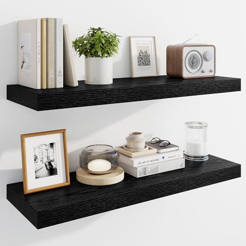 Marsmiles 30" Floating Shelves for Wall, Wooden Shelves with Invisible Brackets Set of 2, Rustic Farmhouse Wall Mounted Shelf for Kitchen Bathroom Living Room Study, Black - color: Black, size: 30"
