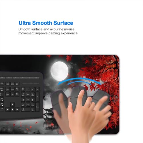 Maple Desk Mat Red Moonlit Chinese Landscape Night Mist Zen Mousepad XL Large Gaming Mouse Pad Laptop Keyboard Mat Desk Pad Great for Work-from-Home or Office Use 31.5x11.8 Inch - color: Maple