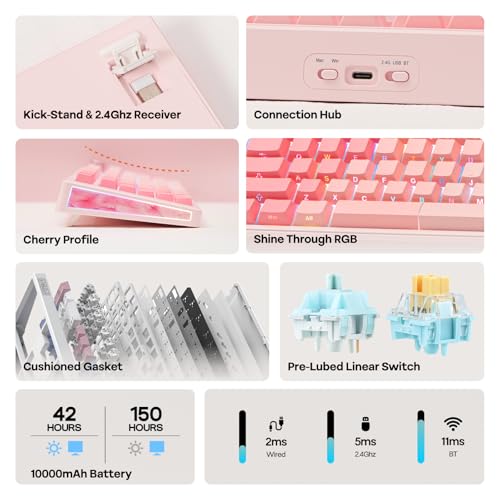EPOMAKER TH108 V2 PRO Full Size Mechanical Keyboard with Screen&Knob, 10000mAh, BT/2.4Ghz, Mac Modifier PBT Keycap, Hot Swap, RGB, Gasket, Wireless Gaming Keyboard for Mac/PC (Pink, Sea Salt Silent) - color: Pink, size: Sea Salt Silent