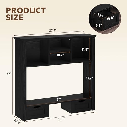 Desk Shelf with Computer Monitor Stand, 37.4''W Desktop Bookshelf Display Rack, Desktop Organizer Storage Rack with Cubbies & Drawers, 5-Tier Hutch for Home, Office, Dorm, Vanity, Black - color: Black, size: 37.4"W with Monitor Stand