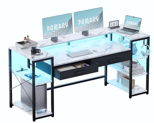 Pamray 58 Inch Computer Desk with Monitor Stand and Shelves Gaming Desk with LED Lights & Power Outlets PC Vanity Table with 2 Drawers for Home Office Marble - color: Marble