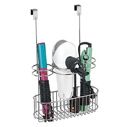 mDesign Over-Cabinet Hair Care Tools Holder for Hair Dryer, Flat Iron, Curling Wand, Straightener - Chrome - color: Chrome