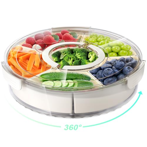 Divided Rotating Serving Tray with Lid and Handle, Portable Snackle Box for Fruits Snacks Veggie Charcuterie, Clear Lazy Susan Organizer and Fridge Storage Container for Adults Child (1PCS,12" L - size: 12" L-1pcs