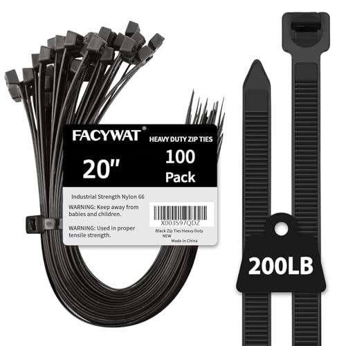 20 inch Black Zip Ties Heavy Duty Outdoor100 PACK, 200 LBS Tensile Strength Large Cable Tie Wraps, Extra Long Wire Ties Plastic UV Resistant Big Strong Zipties - size: 20＂(100 pack)