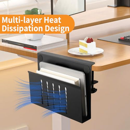 Desk Side Storage with Pen Holder, No Drill Hanging Desk Organizer Under Desk Storage Mount, Clamp-On Laptop Holder Table Side Tray Desktop Organization for Office and Home (Black)
