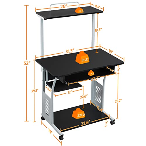Yaheetech 2 Tier Mobile Computer Desk with Printer Shelf & Keyboard Tray Rolling Computer Table for Small Spaces, Compact Study Workstation with Wheels, Space Saving, Black - color: Black