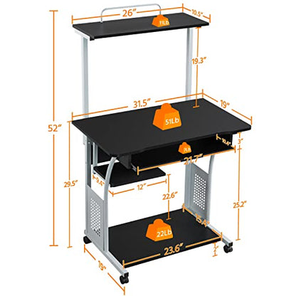 Yaheetech 2 Tier Mobile Computer Desk with Printer Shelf & Keyboard Tray Rolling Computer Table for Small Spaces, Compact Study Workstation with Wheels, Space Saving, Black - color: Black