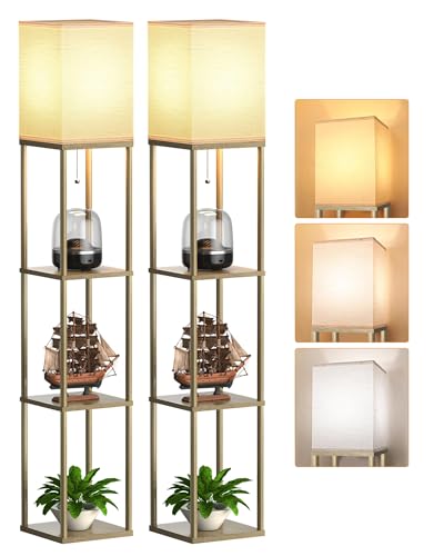 PARTPHONER Floor Lamp with Shelves for Living Room Natural Wood 2 Pack, Shelf Floor Lamp with 3 CCT LED Bulb, Corner Display Standing Column Lamp Etagere Organizer Tower Nightstand for Bedroom Office - color: Natural Wood