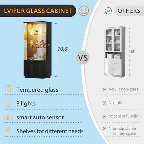 Lvifur 71” Glass Display Cabinet with Lights, Modern Curio Cabinet Display Cases for Collectibles, Locking Cabinet with Shelves & Drawers, Tall Bookcase with Human Body Sensor for Living Room (Black) - color: Black-71"
