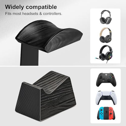 UPERGO Headset Stand with 2 Controller Holders - Solid Wood & Metal Gaming Headphone Holder for Switch, Controllers, and Desk Accessories (Black) - color: Black