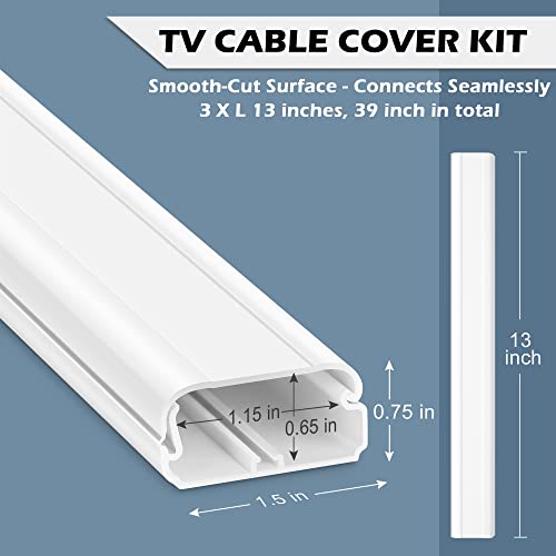 TV Cord Hider - 39in(3xL13in) Cord Covers for Wall Mounted TV Cable Hider Wall Kit | Wire Hiders for TV on Wall, Wire Covers for Cords, Cable Concealer Hide Cords, 1.5" W x 0.75" H, White - color: White, size: Large-39in
