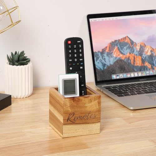 Remote Control Holder, Acacia Wooden Tv Remote Holder, Remote Holder for Table, Remote Control Storage Organizer Caddy (for 2 or 3 Remote Controls) 3.5 x3.5x3.5