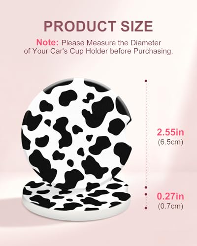 Swooflia Car Coasters for Women - Black White Cow Print Car Cup Coasters Absorbent Cup Holder Coasters for Car 2 Pcs Ceramic Car Cupholder Coaster with Cork Base Car Interior Accessories - color: Black and White Cow Print