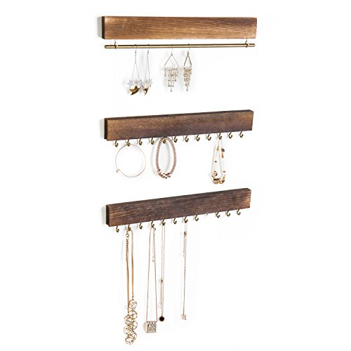 MyGift 3-Piece Wall Jewelry Organizer, Wall-Mounted Rustic Wood and Gold Tone Metal 24 Hook Necklace and Bracelet Storage Rack with Hanging Earring Bar - color: WOOD3-Piece