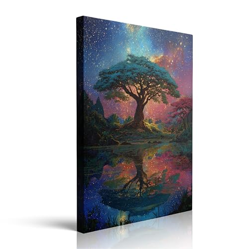 Canvas Wall Art Framed Landscape Celestial Galaxy Starry Night Lake Vibrant Colorful Fantasy Impressionist Modern Vintage Serene Wall Decor for Living Room Office Nature Spiritual Decor 16x24 Inches - color: big tree, size: 24"L x 16"W