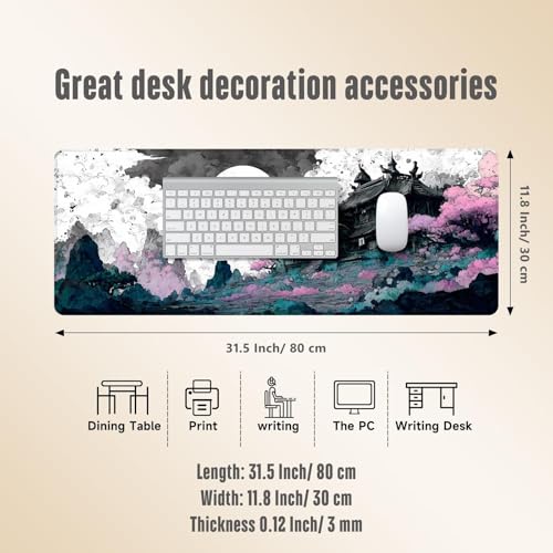 Extended Gaming Mouse Pad, Large Mouse Mat 3 mm Nature Rubber Base Mousepad with Stitched Edges, Non-Slip Desk Mat for Office Home Great Gift 31.5x11.8 Inch (Japanese Ink 1) - color: Japanese Ink 1