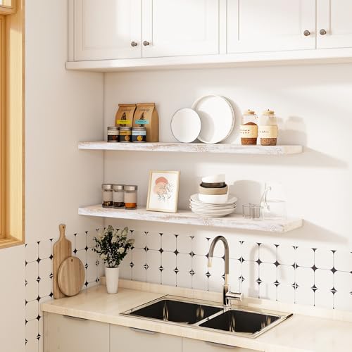 Flat Edge Elm Wood Floating Shelf with Invisible Bracket 48”Weathered White - color: Weathered White, size: 48”,set of 1